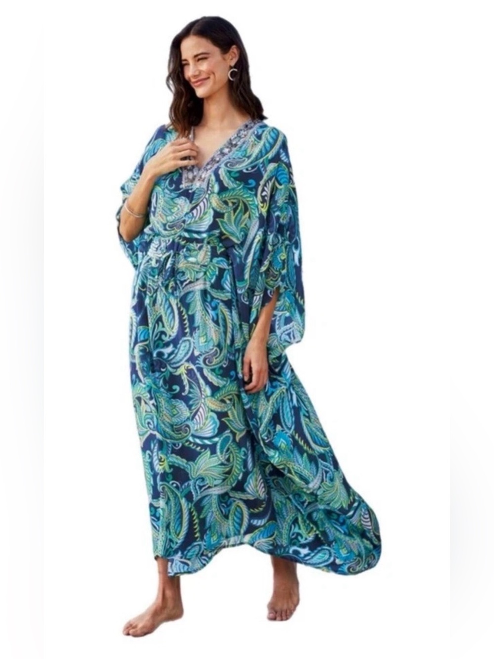Soft Surroundings Women's
L/XL Kaftan Paisley Blue Green Beaded Neckline
Resort